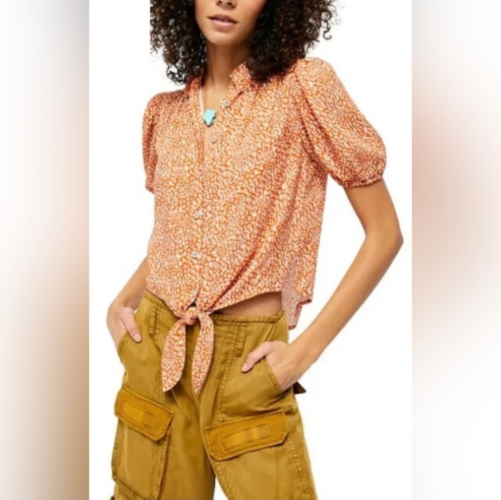 Free People Celia Short Sleeve Printed Boho Top Front Tie Casual Size Small